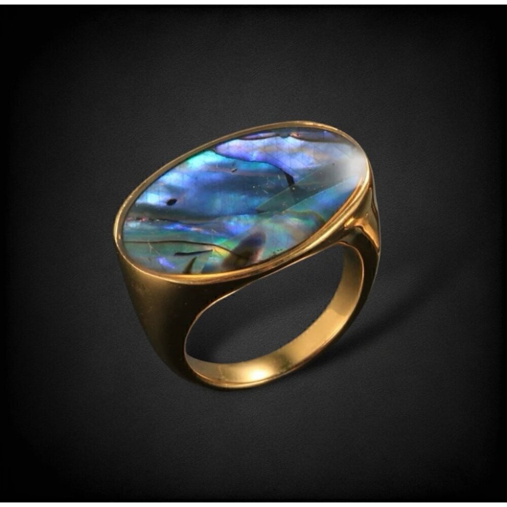 NWT Statement Ring Sz. 8 18K Gold Plated Oval Iridescent Abalone Shell - Picture 4 of 10
